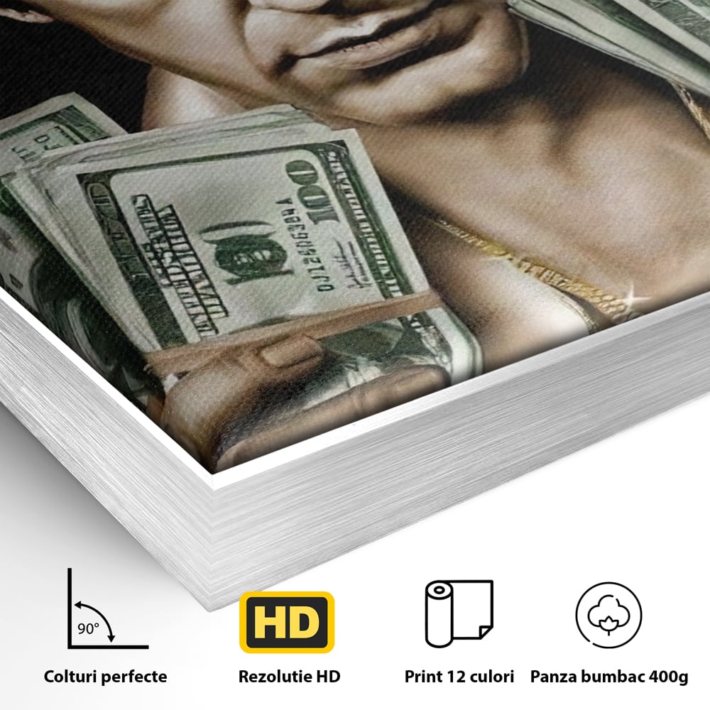 Detaliu al suprafetei: tablou canvas cu tony montana, in rama de aluminiu argintiu